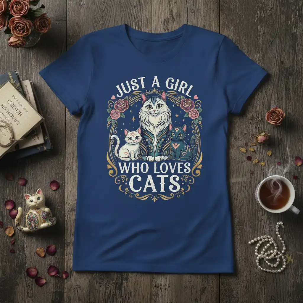 Just a Girl Who Loves Cats text with three cats and floral border on a navy t-shirt