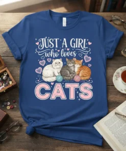Just A Girl Who Loves Cats text with three cute cats illustration on a blue t-shirt design