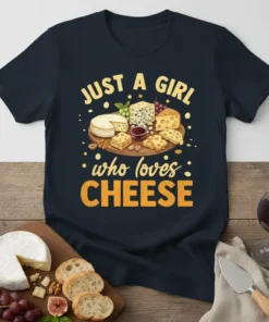 Just A Girl Who Loves Cheese t-shirt with a graphic of a cheese board and various cheeses