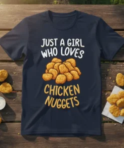 Just A Girl Who Loves Chicken Nuggets t-shirt design with pile of golden nuggets graphic