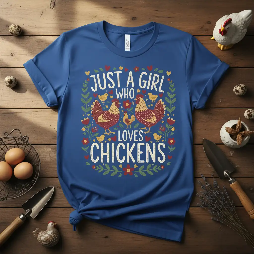 Just A Girl Who Loves Chickens quote with farm animal graphics on a comfortable t-shirt