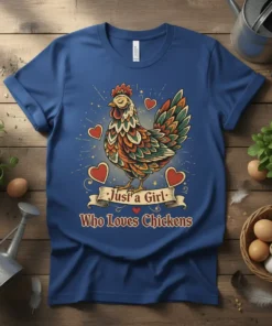 Just a Girl Who Loves Chickens t-shirt with a colorful hen illustration and hearts