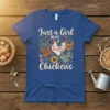 Just a Girl WHO loves Chickens t-shirt with farm chickens and sunflowers design