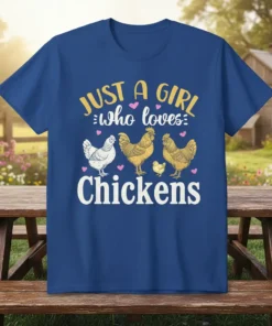 T-shirt with text "JUST A GIRL who loves Chickens" and illustrations of chickens and hearts