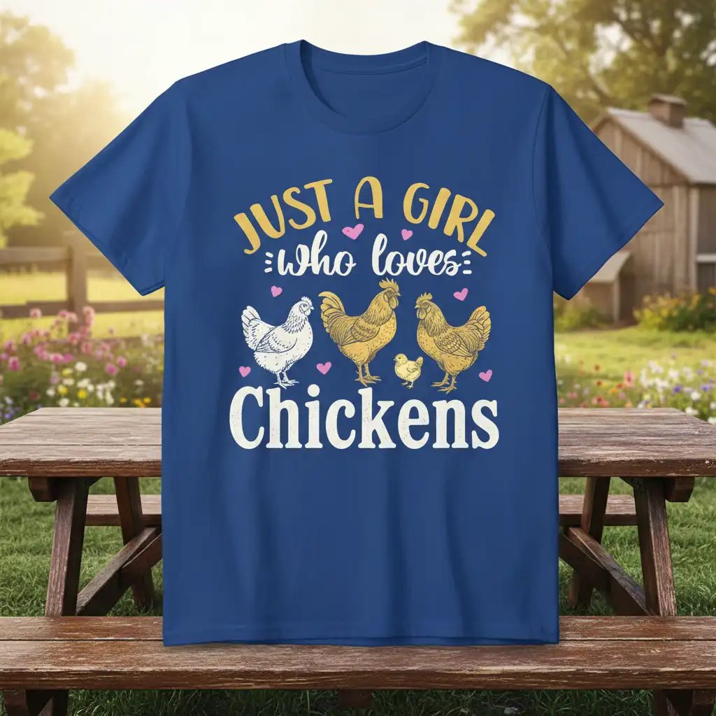 JUST A GIRL who loves Chickens text with chicken illustrations on a blue t-shirt