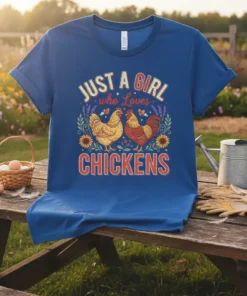 Just A Girl Who Loves Chickens text design with chicken graphics on a blue t-shirt