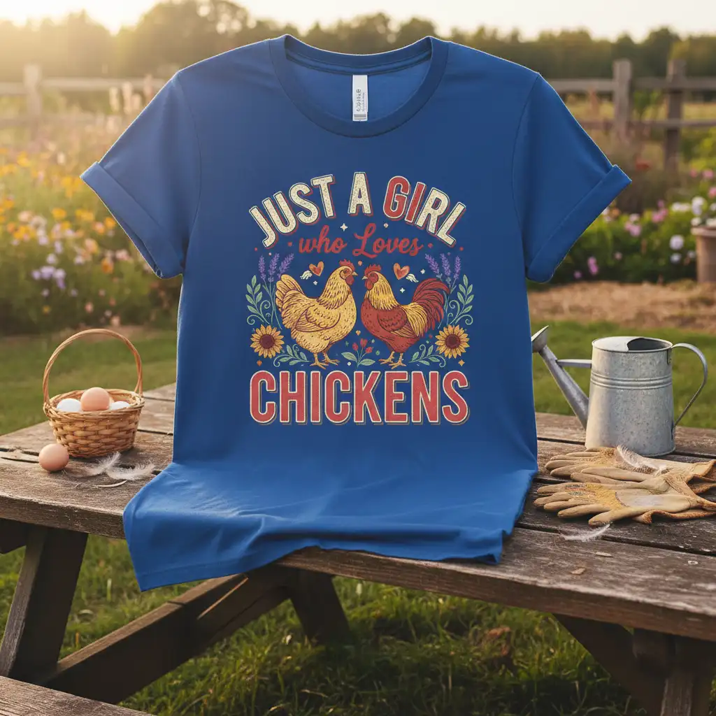 Just A Girl Who Loves Chickens quote with vintage chicken illustration on a blue tee