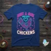 Just A Girl Who Loves Chickens neon graphic t-shirt design featuring a stylized chicken and pixel heart