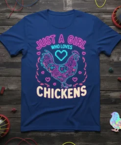 Just A Girl Who Loves Chickens neon graphic t-shirt design featuring a stylized chicken and pixel heart