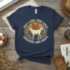 Just A Girl Who Loves Chickens And Goats quote on a navy blue t-shirt with a vintage sunset graphic featuring