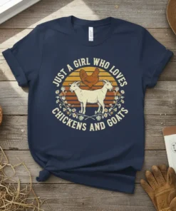 Just A Girl Who Loves Chickens And Goats quote on a navy blue t-shirt with a vintage sunset graphic featuring