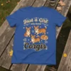 Just a Girl Who Loves Corgis text with multiple cute corgi illustrations on a blue t-shirt
