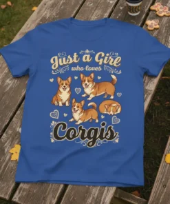 Just a Girl Who Loves Corgis text with multiple cute corgi illustrations on a blue t-shirt