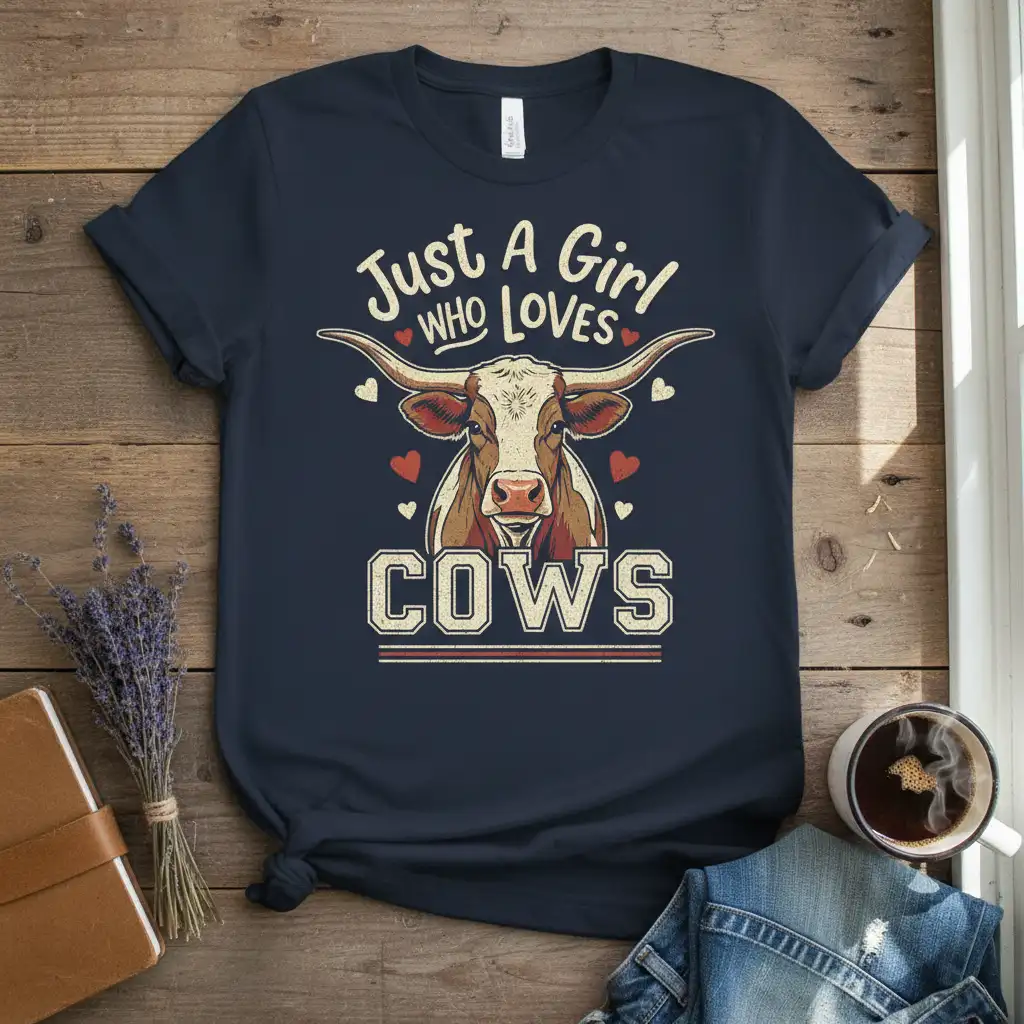 Just A Girl WHO LOVES COWS text design with detailed longhorn cow graphic and red heart accents