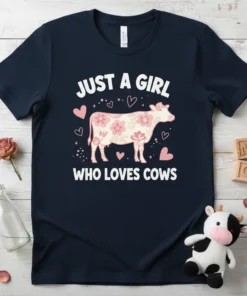 Just a girl who loves cows text with a floral cow graphic on a navy t-shirt