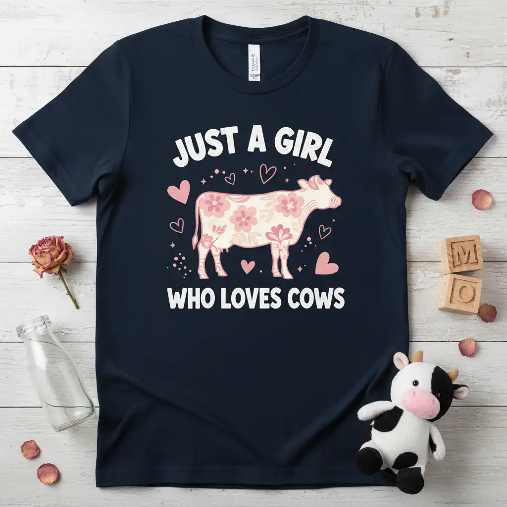 Just a girl who loves cows text with a floral cow graphic on a navy t-shirt design