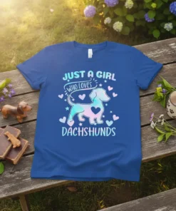 Just A Girl Who Loves Dachshunds t-shirt with watercolor dachshund graphic and hearts