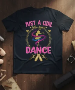 Black t-shirt with "JUST A GIRL Who loves DANCE" text and a dancing ballerina graphic