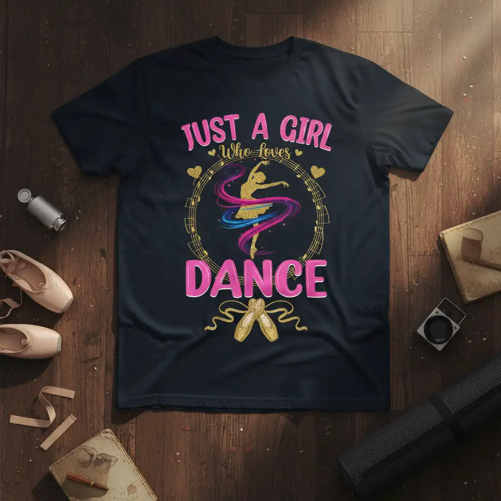 JUST A GIRL Who loves DANCE quote on a black t-shirt with a glittery ballerina graphic