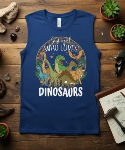 Dinosaur graphic t-shirt with text "Just a girl WHO LOVES DINOSAURS" featuring various cartoon dinosaurs and hearts