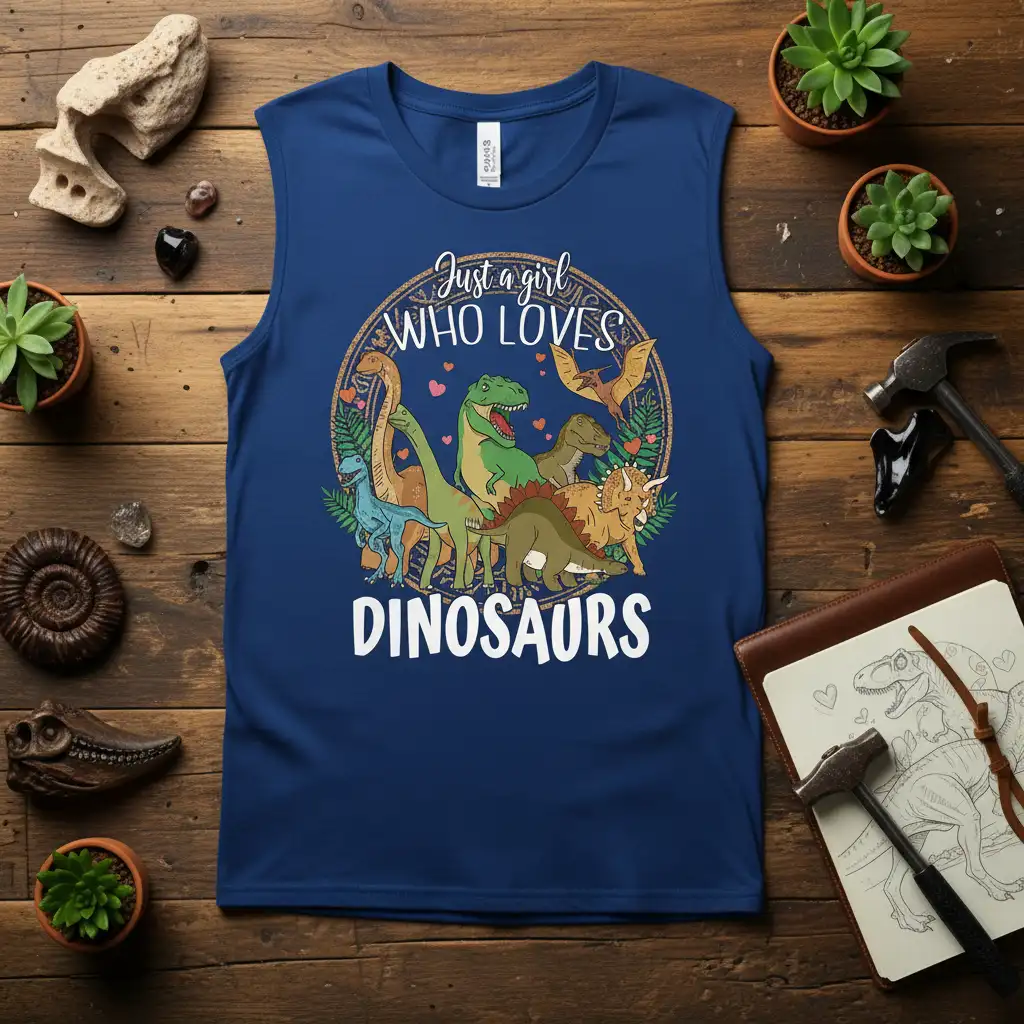 Just a girl WHO LOVES DINOSAURS text with colorful cartoon dinosaurs and heart accents on a navy blue tank top
