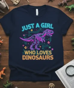 Just a Girl Who Loves Dinosaurs neon graphic tee with a T-Rex skeleton illustration
