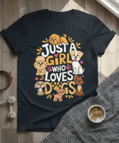 Just A Girl Who Loves Dogs quote with multiple cartoon dogs on a dark t-shirt design