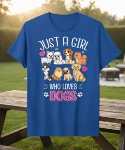 Just A Girl Who Loves Dogs t-shirt with a collection of cartoon dogs and pink hearts