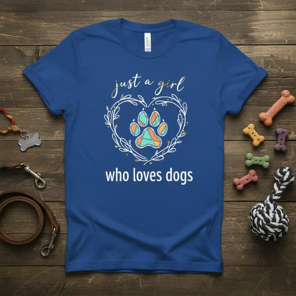 Just a girl who loves dogs quote with a heart paw print design on a comfortable t-shirt