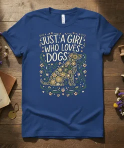 Just A Girl Who Loves Dogs quote with a floral dog silhouette on a navy blue t-shirt