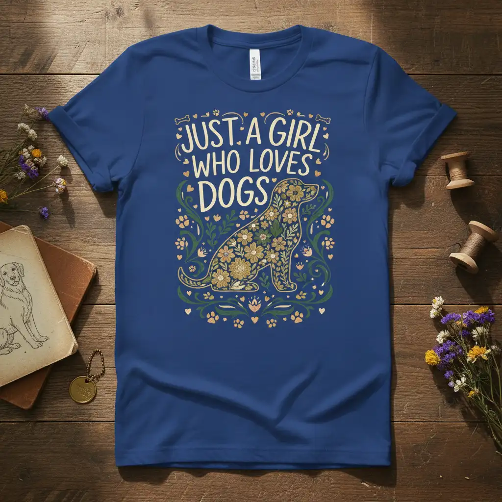 Just A Girl Who Loves Dogs quote and floral dog graphic on a comfortable blue t-shirt