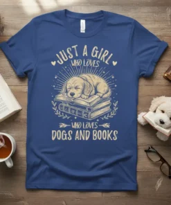 Just a Girl Who Loves Dogs and Books t-shirt featuring a sleeping puppy on a stack of books, with vintage-style