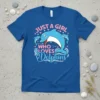 Just a Girl Who Loves Dolphins t-shirt with cartoon dolphins and pink hearts