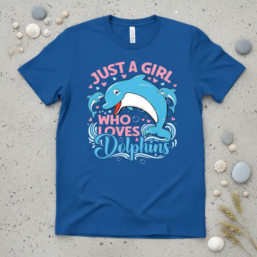 Just a Girl Who Loves Dolphins text with cartoon dolphin graphic on blue t-shirt
