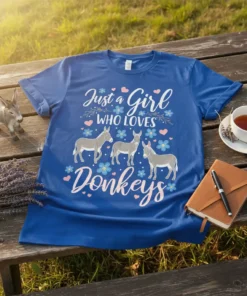 Blue t-shirt with white text "Just a Girl WHO LOVES Donkeys" and illustrations of three donkeys, flowers, and hearts