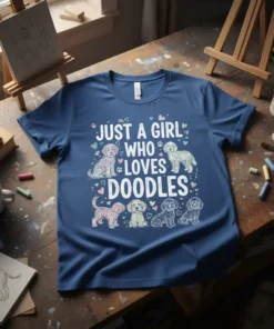 Just A Girl Who Loves Doodles text with cute doodle dog illustrations on a navy blue t-shirt