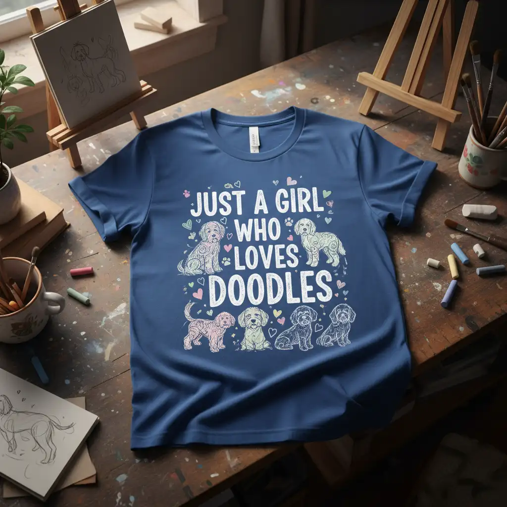 Just A Girl Who Loves Doodles text design with various doodle dog breeds and heart accents on a blue t-shirt
