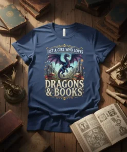 Just a Girl Who Loves Dragons & Books quote on a dark blue t-shirt with a dragon graphic and stacks