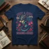 Just A Girl who Loves Dragons & Books t-shirt with a cute dragon reading a book surrounded by roses.|