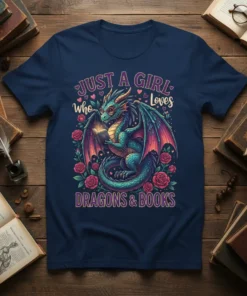 Just A Girl who Loves Dragons & Books t-shirt with a cute dragon reading a book surrounded by roses.|