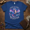 Text "JUST A GIRL WHO LOVES DRAGONS" with a colorful dragon graphic on a blue t-shirt