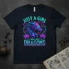 Just A Girl Who Loves Dragons text with a geometric purple and blue dragon graphic, surrounded by pink hearts and