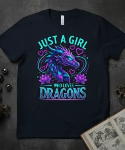 Just A Girl Who Loves Dragons text with a geometric purple and blue dragon graphic, surrounded by pink hearts and