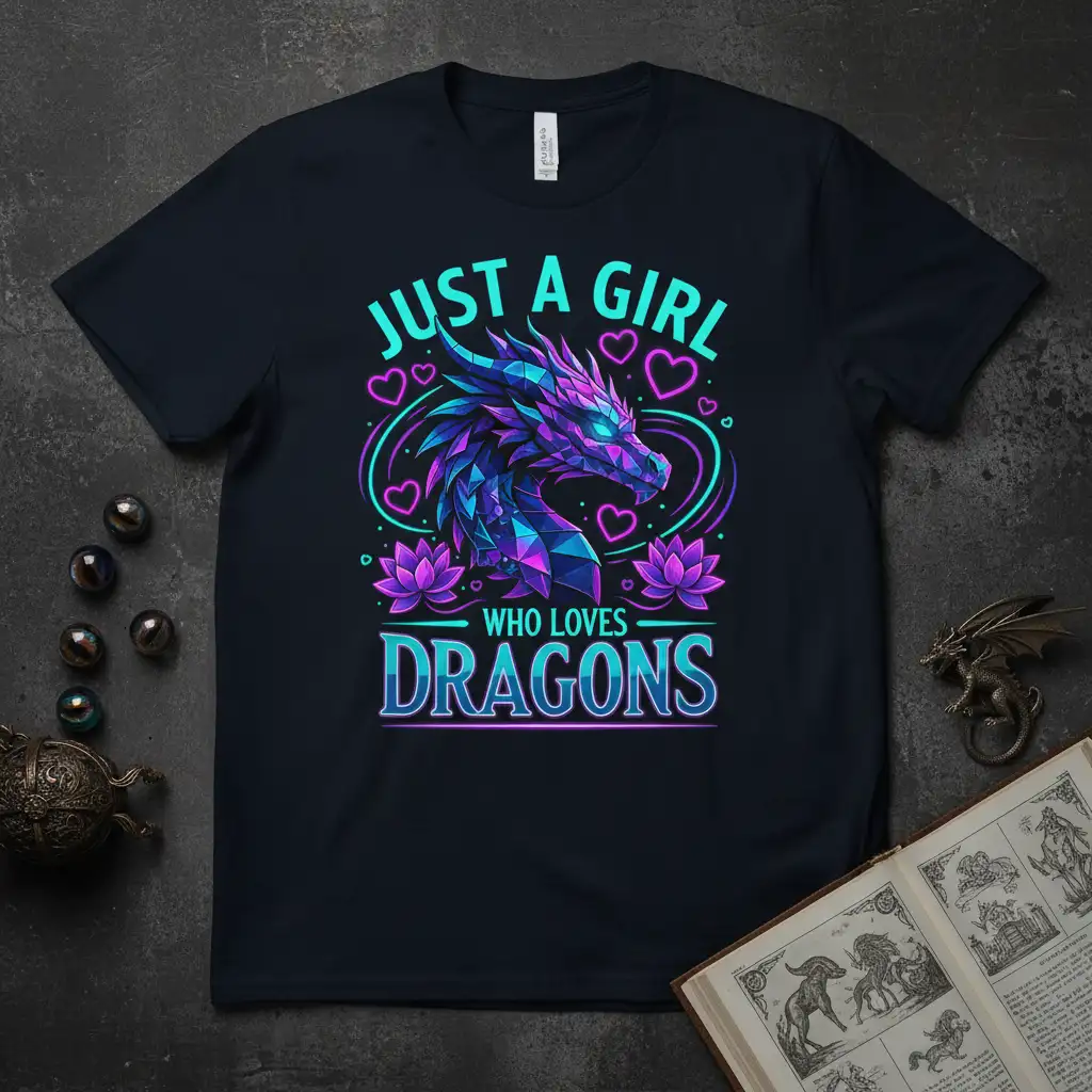 Just A Girl Who Loves Dragons text design with geometric dragon, hearts, and lotus flowers