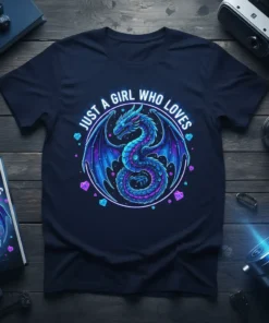 Dark blue t-shirt featuring a vibrant blue and purple dragon design with the text "Just A Girl Who Loves" around