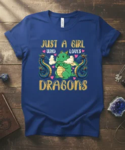 Just A Girl Who Loves Dragons text with cute green dragon and blue dragons graphic on a blue t-shirt