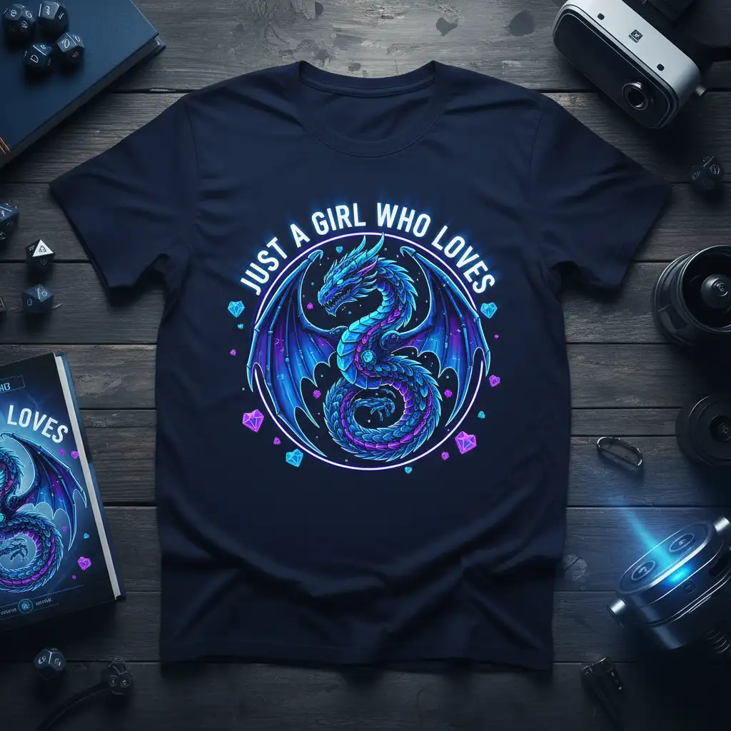 Just A Girl Who Loves dragon graphic t-shirt design with bold circular text and vivid mythical creature