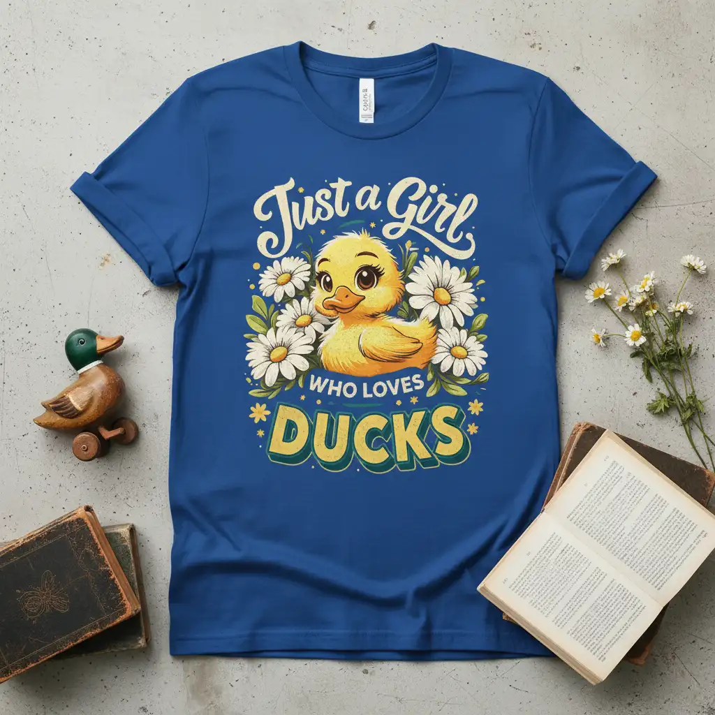 Just a Girl WHO LOVES DUCKS text and cute duckling illustration on a royal blue t-shirt