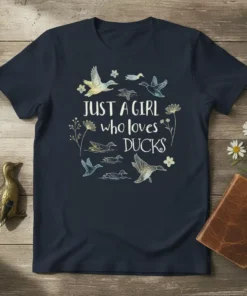 Just A Girl Who Loves Ducks t-shirt design featuring flying and swimming ducks with floral accents