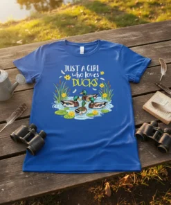 Just A Girl Who Loves Ducks T-Shirt featuring mallards swimming among lily pads and cattails